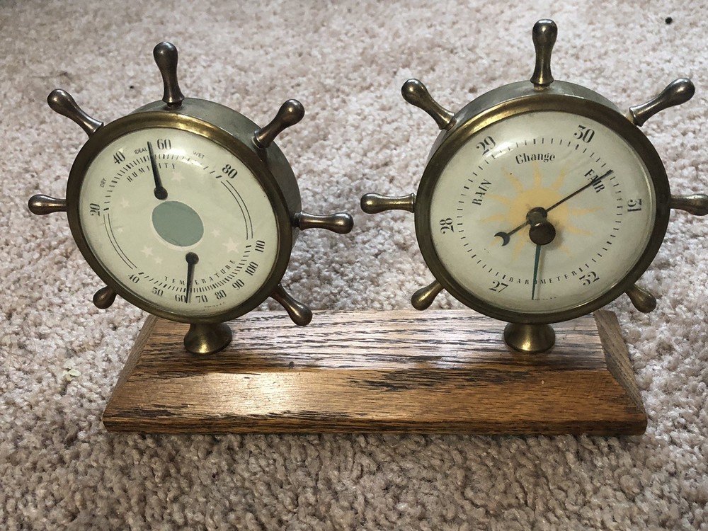 Vintage Barometer Thermometer Ships Wheel