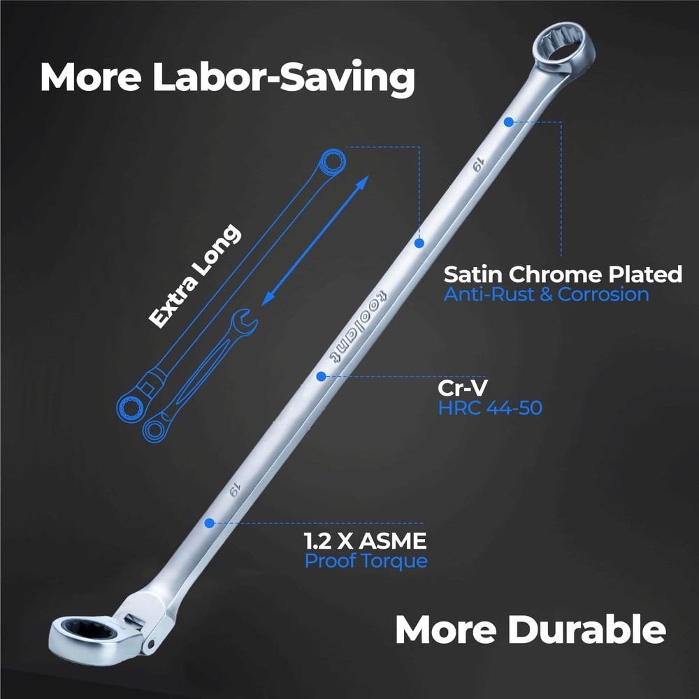 Extra Long Ratcheting Wrench Set, Flex Head & Fixed Offset Head Double Box
