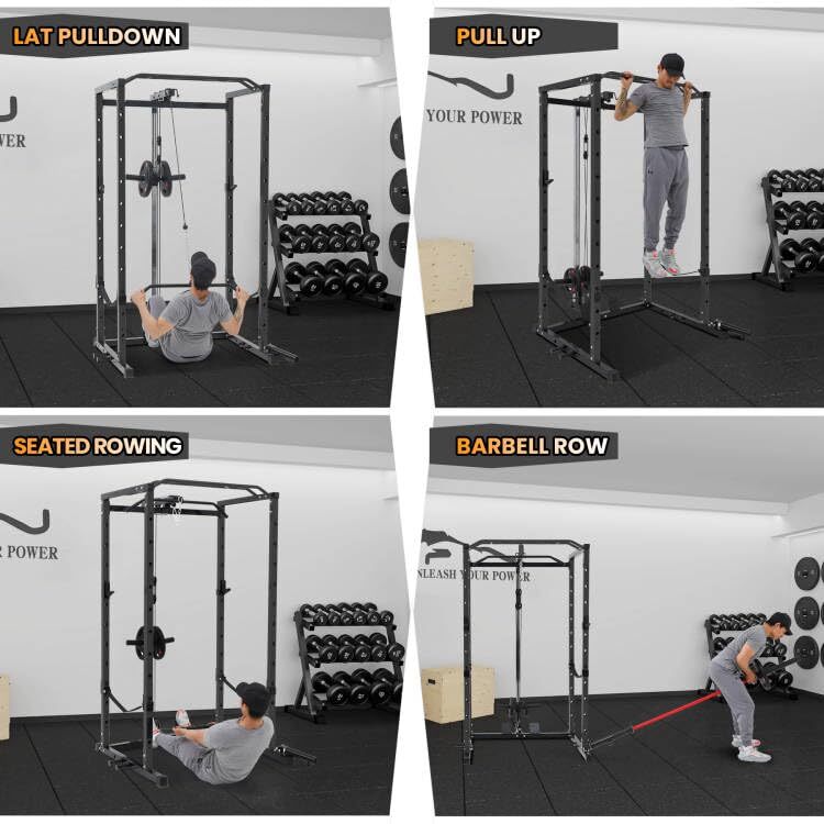 Power Cage ,Multi-Functional Power Rack w/Pulley System ,J-Hooks Dip Bar Workout