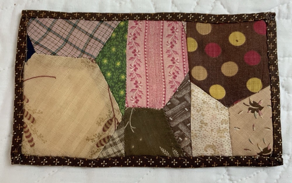 Antique Patchwork Quilt Table Topper, Rectangle Early Calicos, Brown