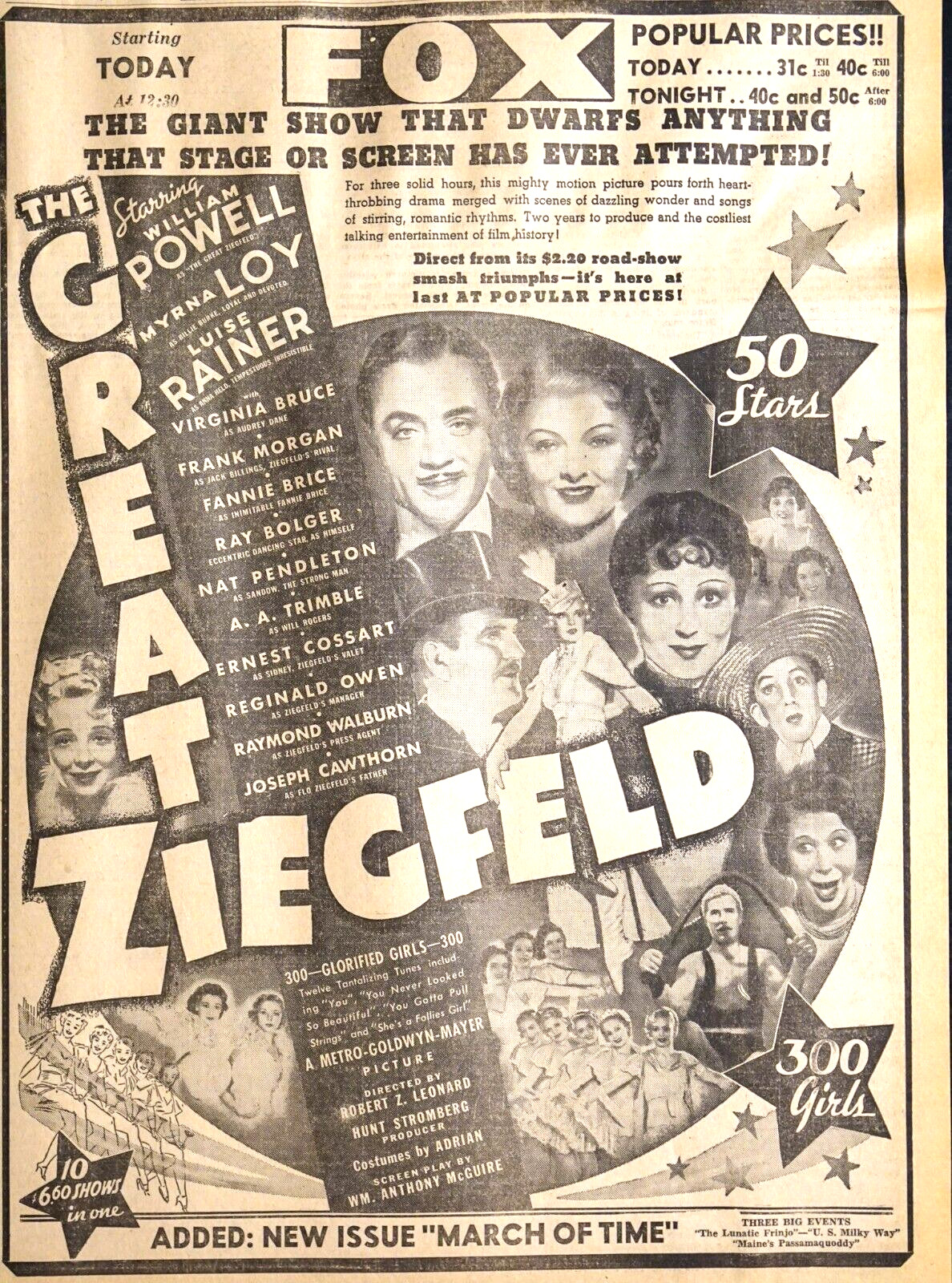 1936 Arizona Newspaper Page - The Great Ziegfeld Movie Ad - William Powell