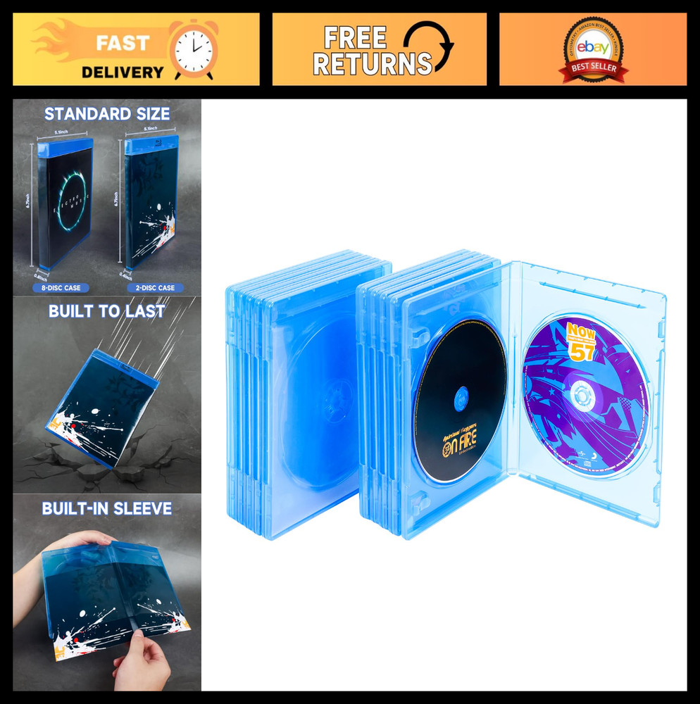 10 Pack Double 2-Disc Blu-Ray Cases, Multi-Disc Holder, Blue Transparent, 10mm