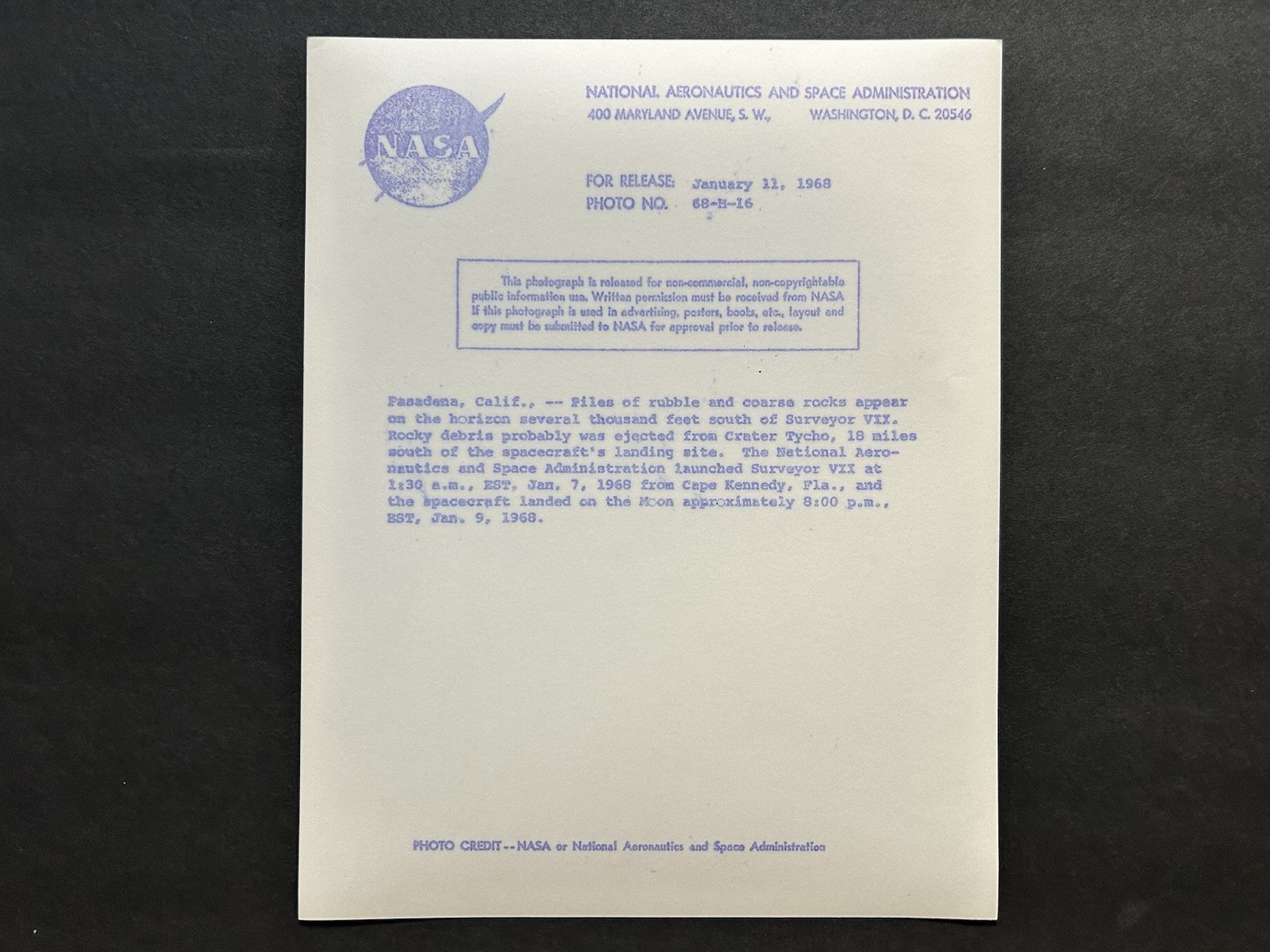 1968 NASA “Moon Surface Piles of Rubble Rocks” Surveyor VII Camera” Photograph