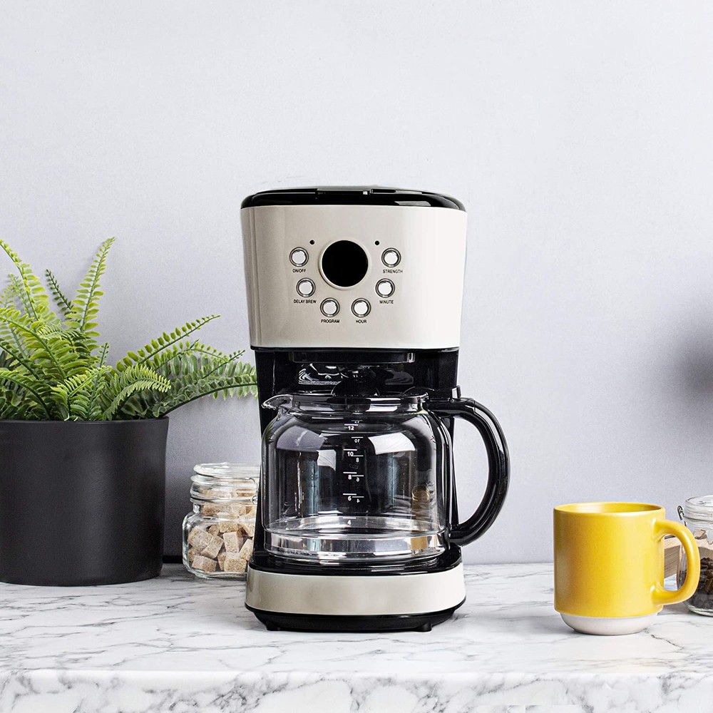 Haden Coffee Machine, 12 Cup Programmable Drip Coffee Maker, Putty & Chrome