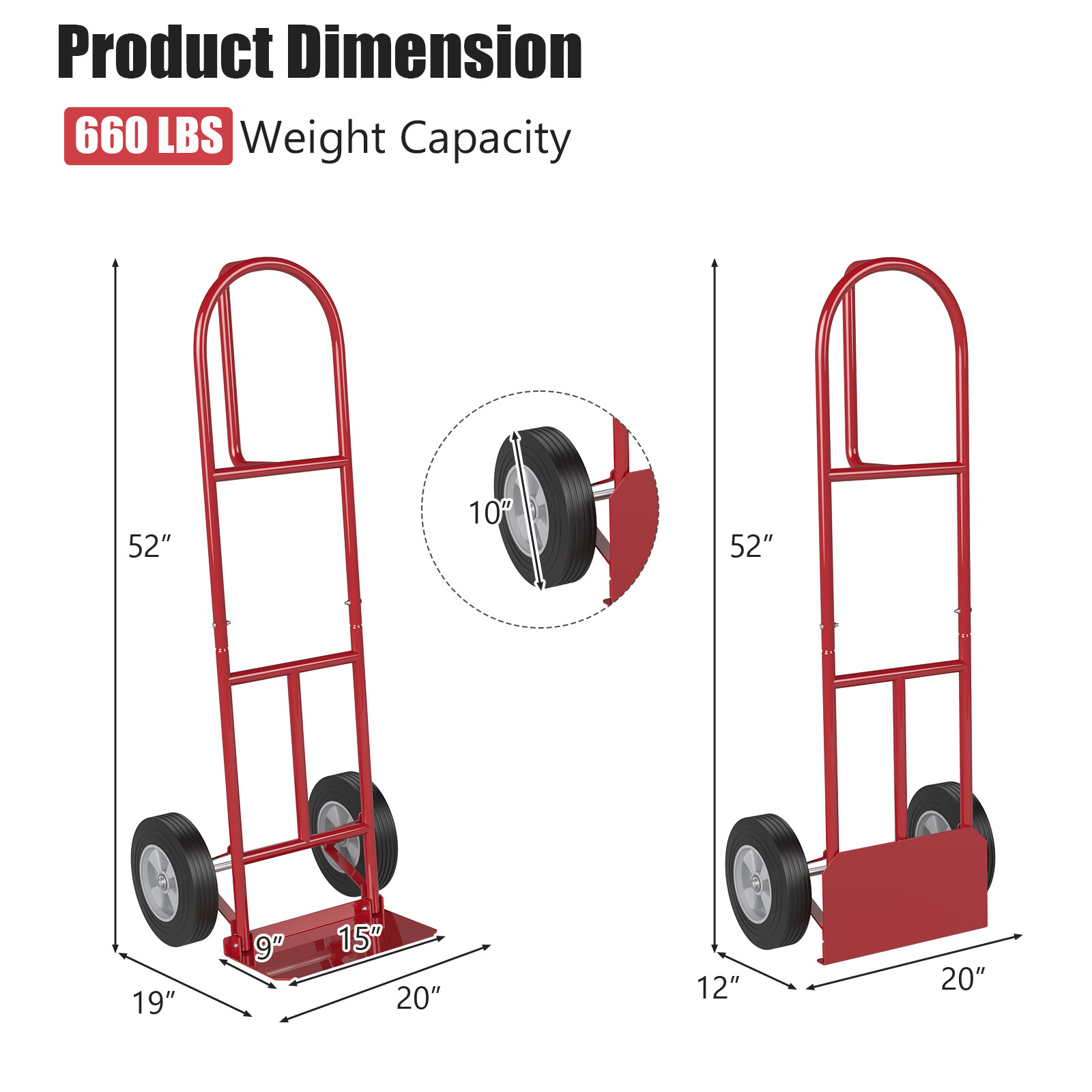 660 lbs Capacity Dolly Cart Heavy Duty Hand Truck Trolley with Nose Plate Red