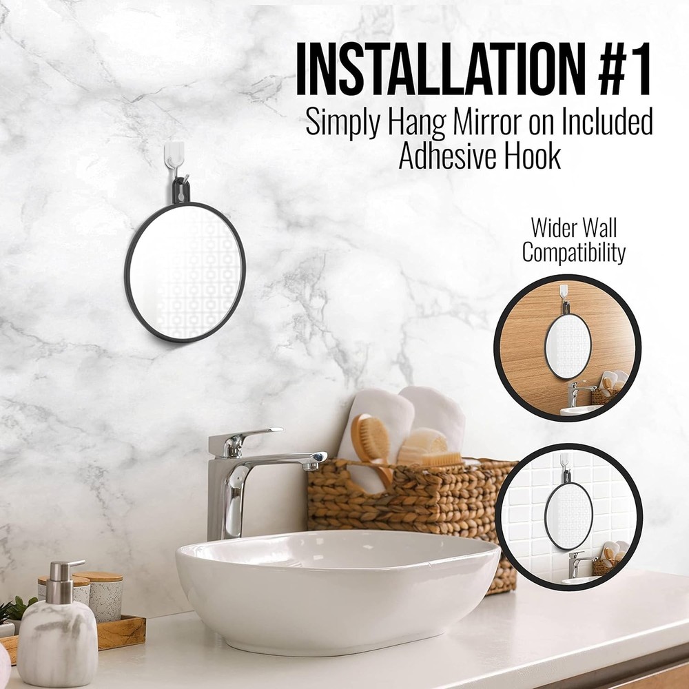 Small shaving shower mirror, hooks, suction cups, adjustable length rope