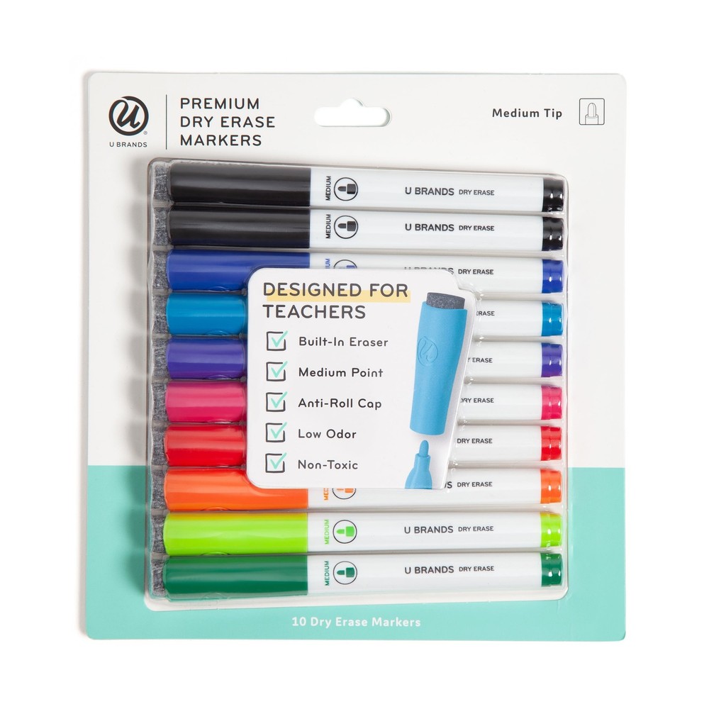 Dry Erase Markers, Bullet Tip, Medium Point, Multi-Color, 10 Count