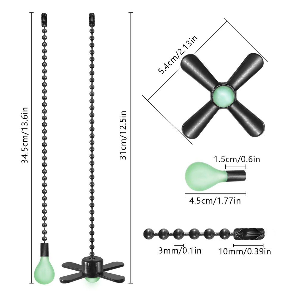 Dotlite Black Ceiling Fan Pull Chain Set, 2Pack 3mm Diameter 12 inches,