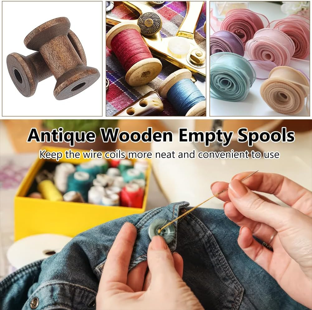 30Pcs Antique Wooden Empty Spools, 1.18" Empty Thread Spools Wooden Ribbon Spool