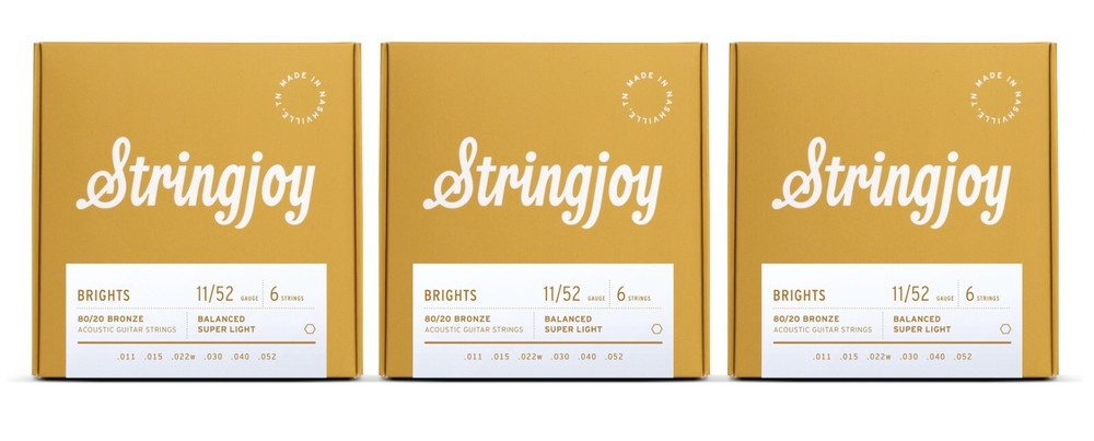 Stringjoy BB1152 Brights Acoustic Guitar String Set 80/20 Bronze 11-52 (3-Pack)