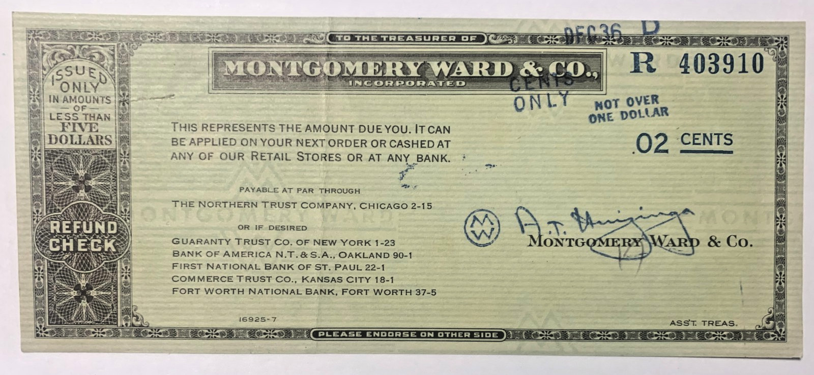 Vintage Dec. 1936 Montgomery Ward Refund Check for 02 Cent
