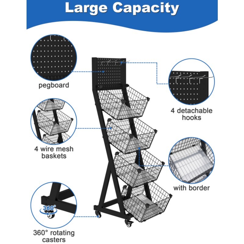 Retail Display Rack Stand 4 Tier Snack Candy Shelf Cart w/Wheels & Display Board