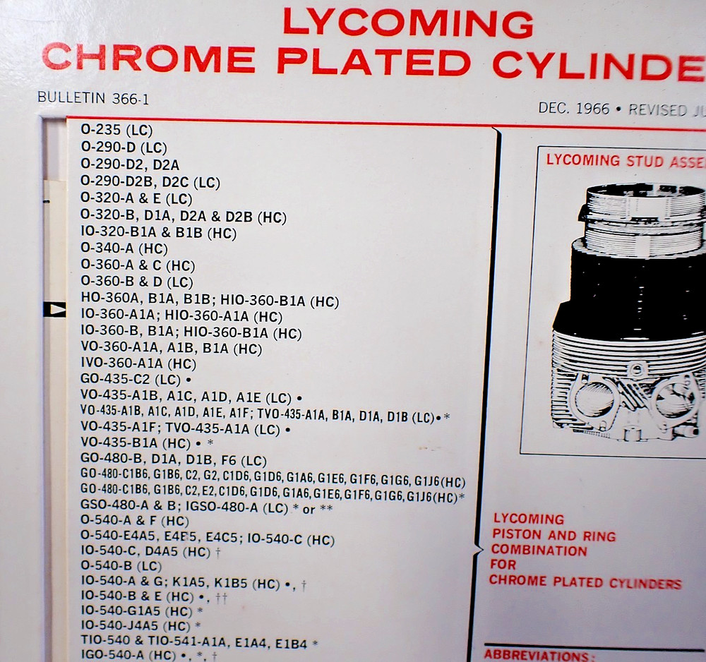 Chrome Plated Cylinders Lycoming Continental Recommended Piston & Ring App List