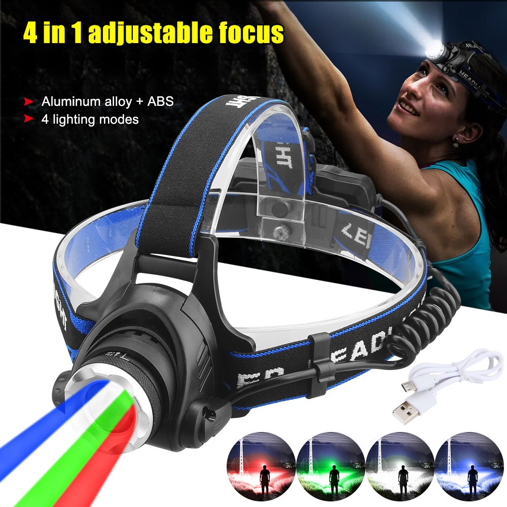 4 in 1 Red/Blue/Green/White Light Source Adjustable USB Rechargeable Headlamp