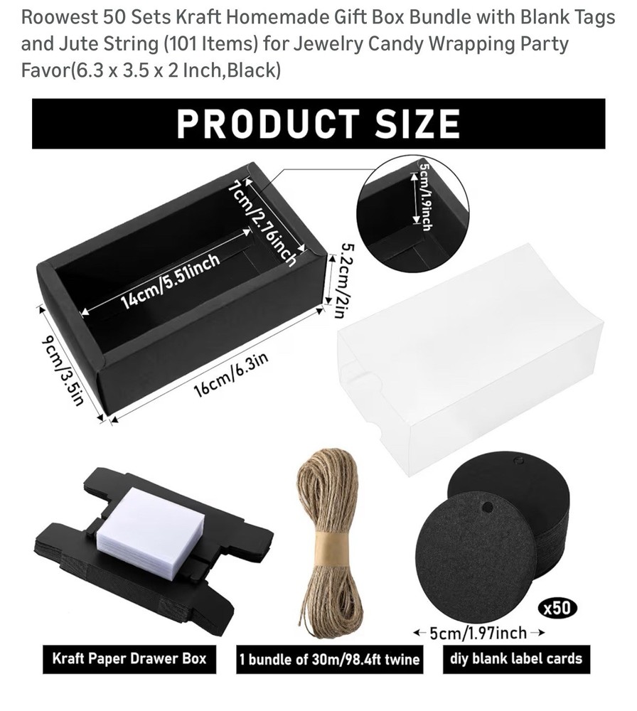 Roowest Kraft Gift Boxes w Tags Jute String 50 Sets Black