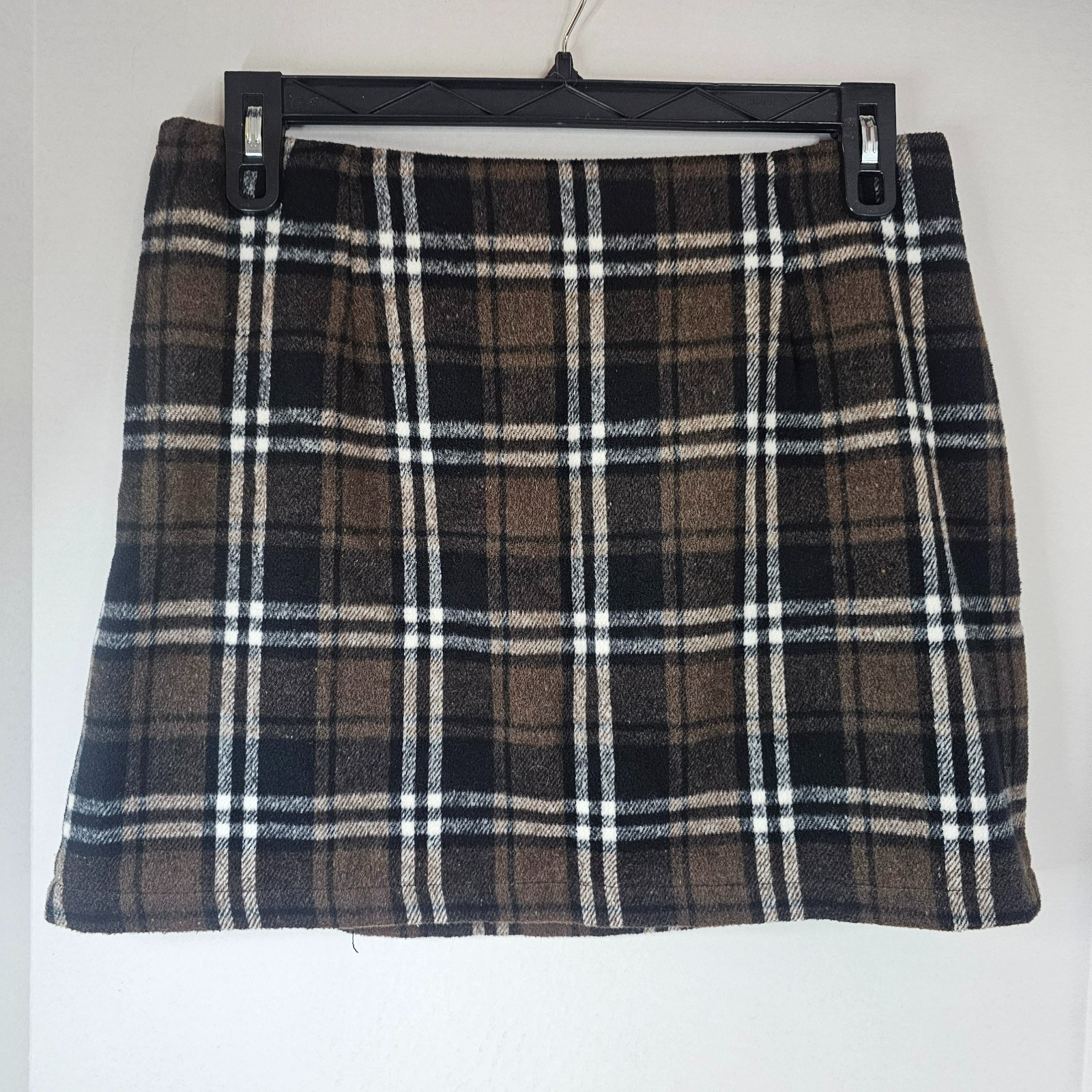 Women Plaid Mini Skirt Brown Black Wool Blend Autumn Size L Side Zip