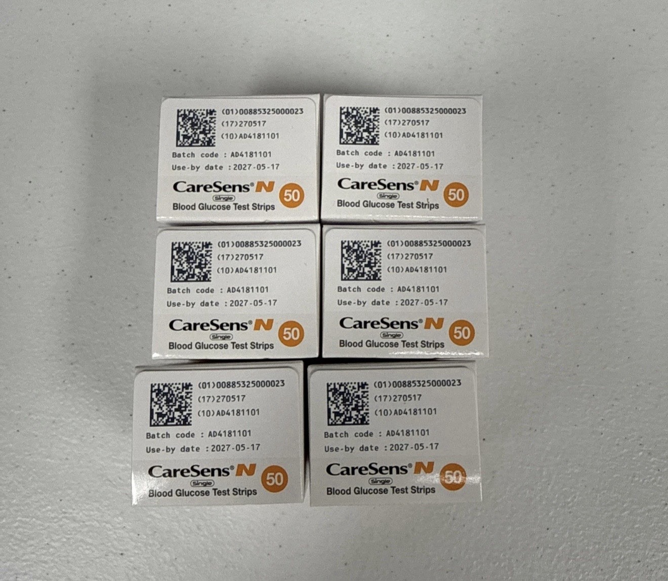 300 CARESENS N GLUCOSE TEST STRIPS, 6 BOXES OF 50, EXP 5-27, SEALED BOXES