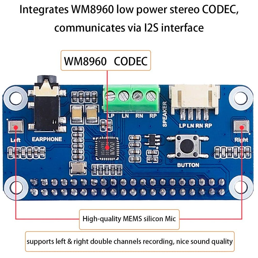 WM8960 Audio HAT Module for Raspberry Pi 5/4B/3B+/3B/A+/Zero/Zero W/Zero WH/Z...