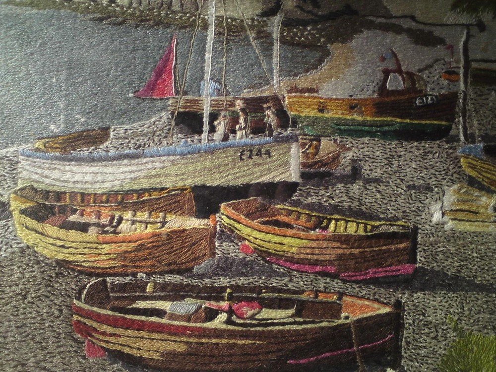 Framed Embroidery Needlework / Wool-work Picture - Beer Harbour, Seaton Devon
