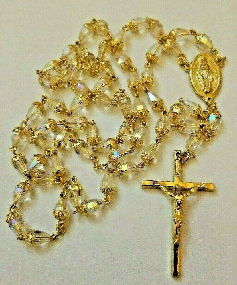 18K GOLD PLATED VANTAG Christian CATHOLIC CRYSTAL  ROSARY  FROM ITALY