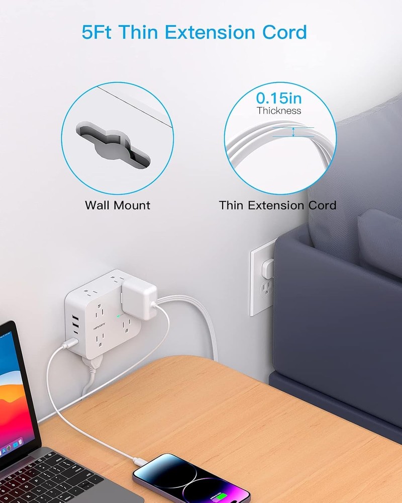Surge Protector Power Strip, Extension Cord with Multiple Outlets, 5Ft, White