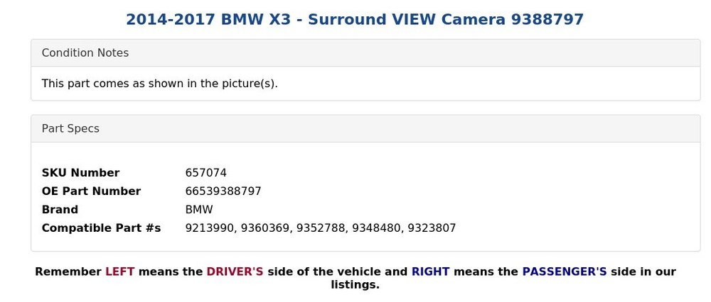 2014-2017 BMW X3 - Surround VIEW Camera 9388797