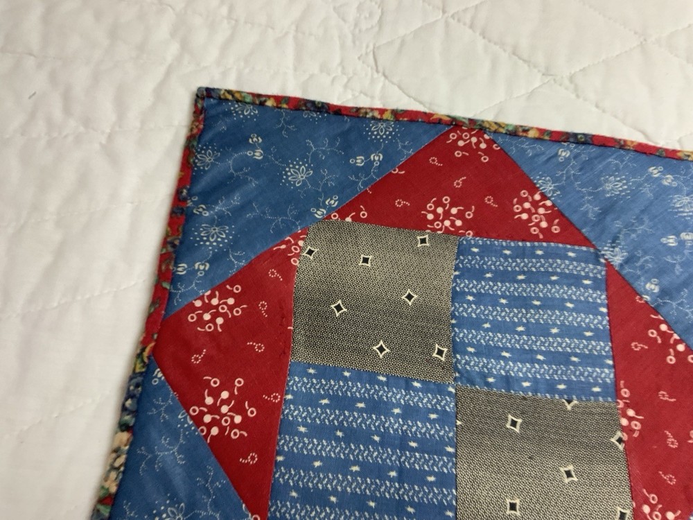 Antique Patchwork Quilt Table Topper, Four Patch W/ Triangles, Early Calicos