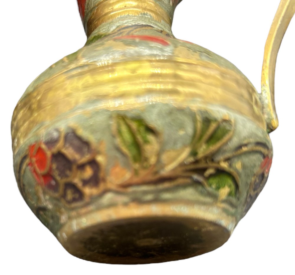 Vintage Solid Brass Enamel Cloisonne Champlevé Indian Jug Vase Pitcher 4"