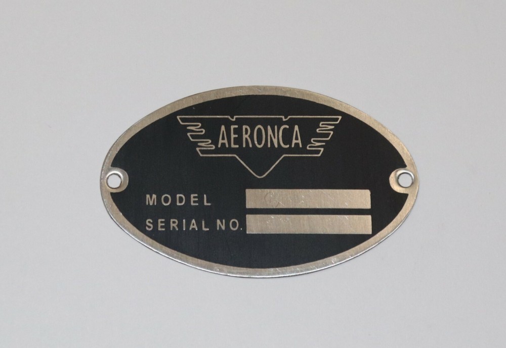 Aeronca DEA Required "Aircraft Identification Data Plate" Etched Stainless Steel