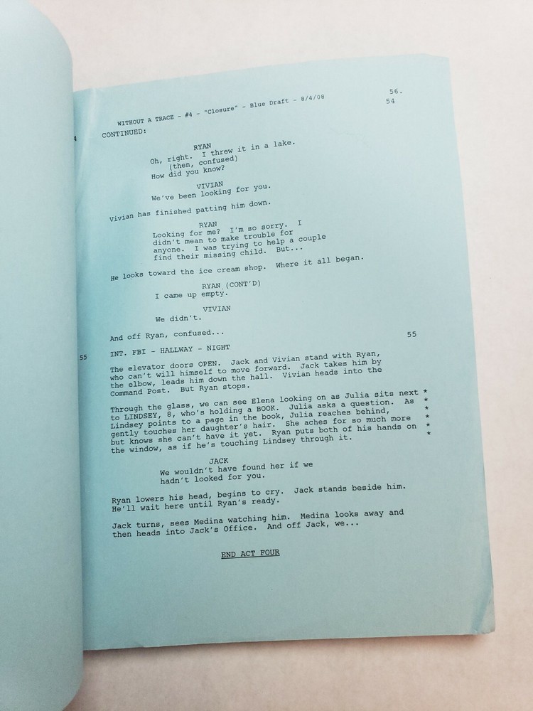 WITHOUT A TRACE / Jan Nash 2008 TV Show Script, ANTHONY LAPAGLIA "Closure"