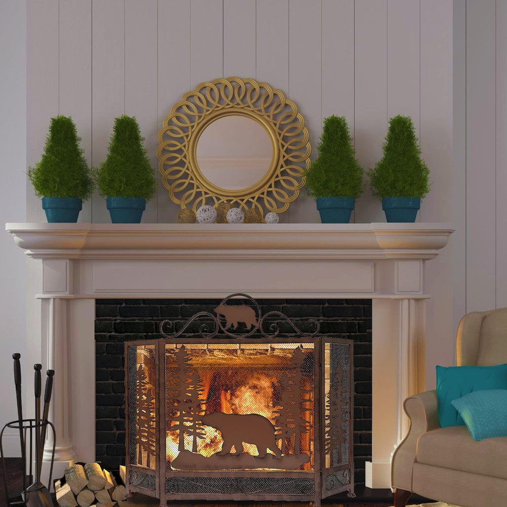 3-Panel Fireplace Screen Decorative with Bear Alone in the Forest - Stand Alone