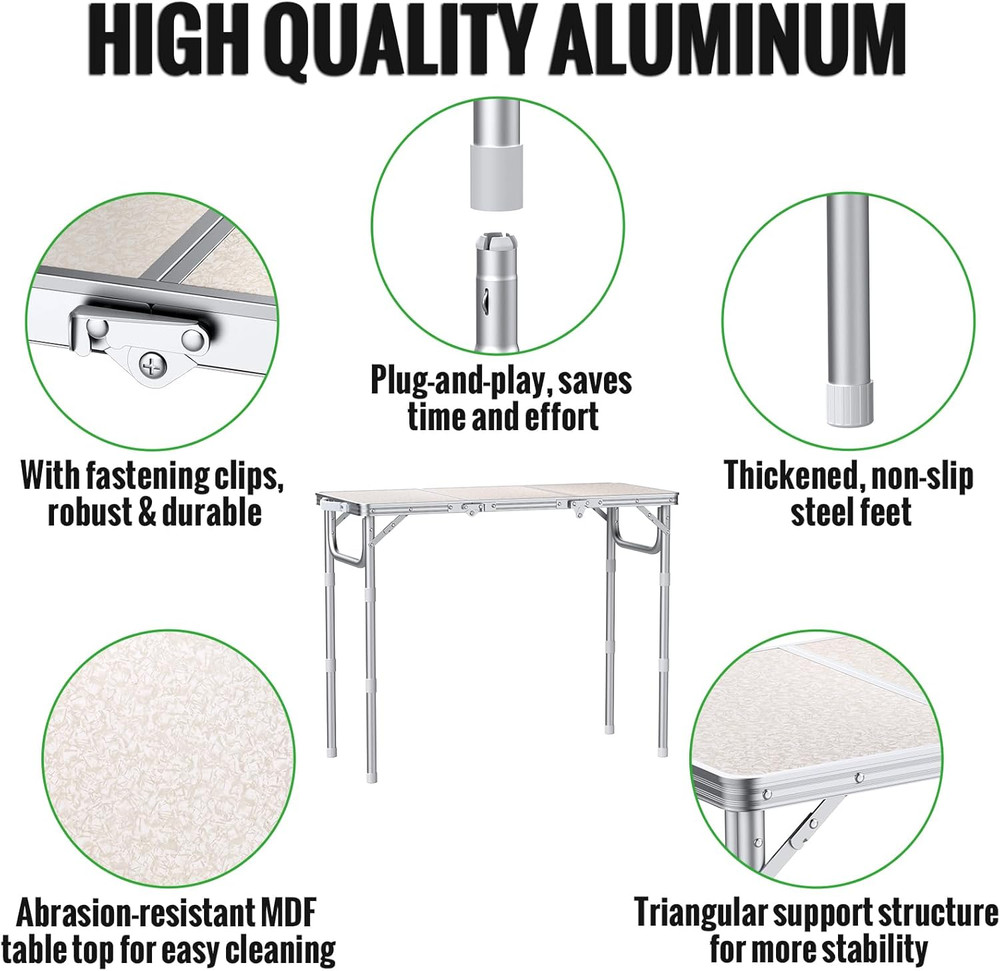 Folding Table for Camping, 3-Adjustable Height Lightweight Folding Picnic Table