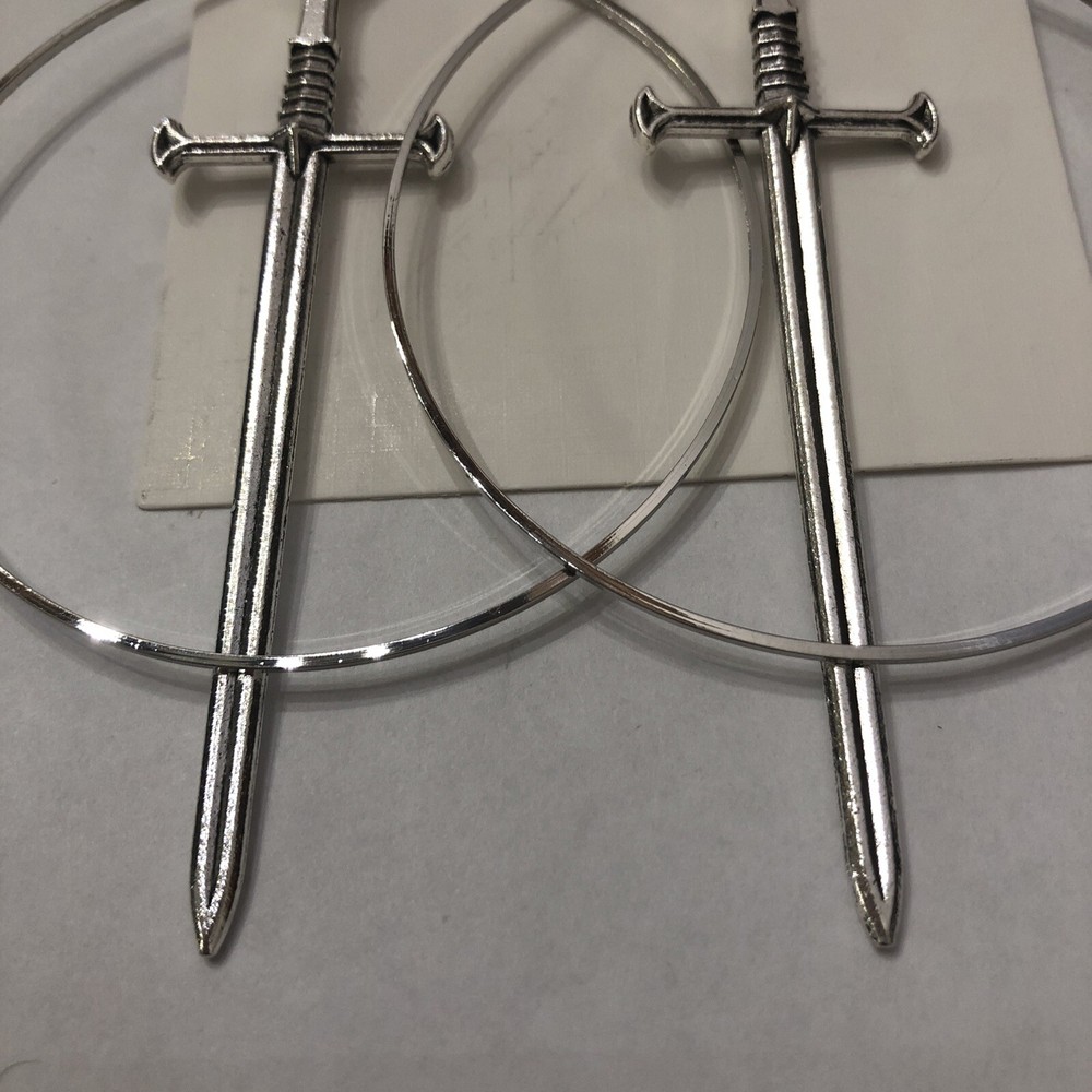 Gothic Style Silver Tone Sword Hoop Pierced Earrings