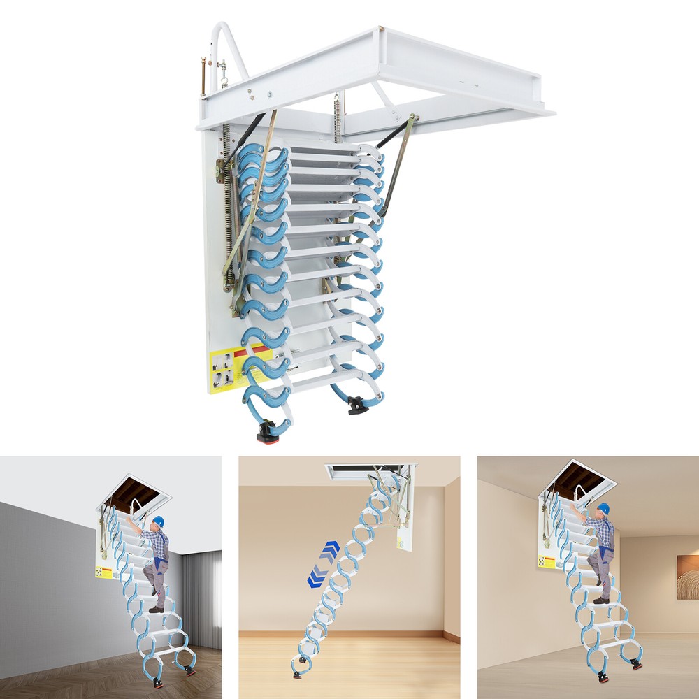 12 Steps Attic Ladder Pull Down Attic Stairs Folding Ladder Ceiling Mounted 10ft