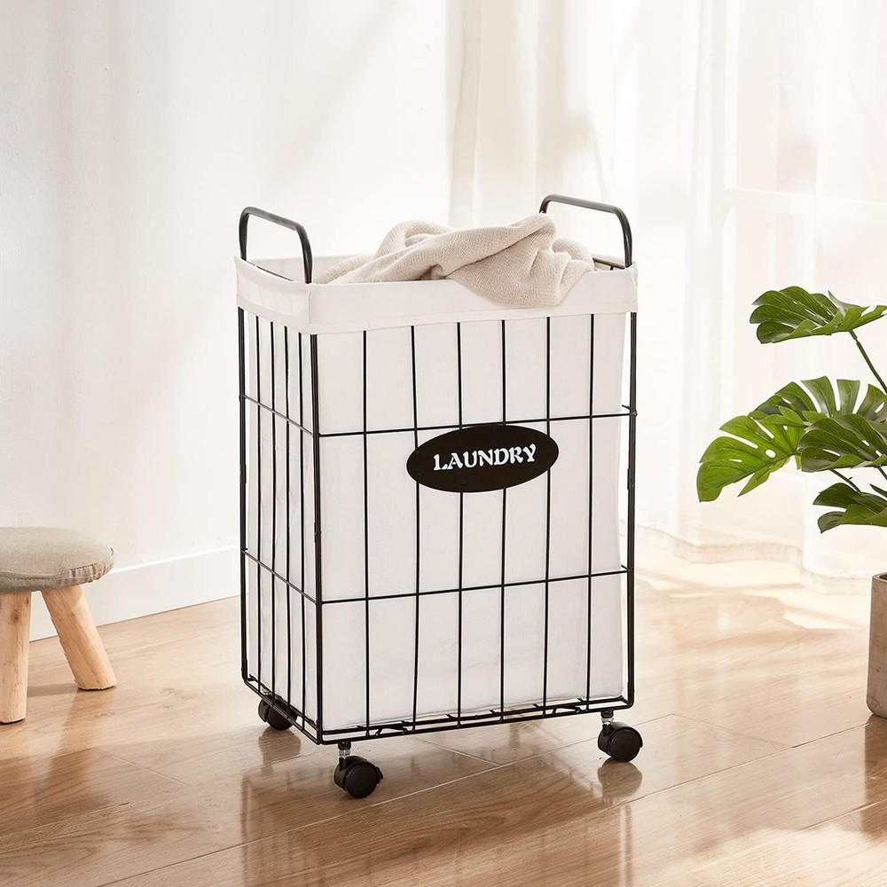 Iron Wire Laundry Hamper With Rolling Lockable Wheels, Folding Storage Basket...
