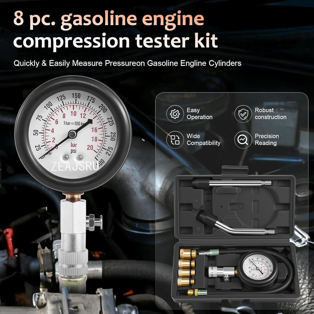 Comprehensive Engine Compression Tester Kit - Clear Dual Scale Gauge & Adapters