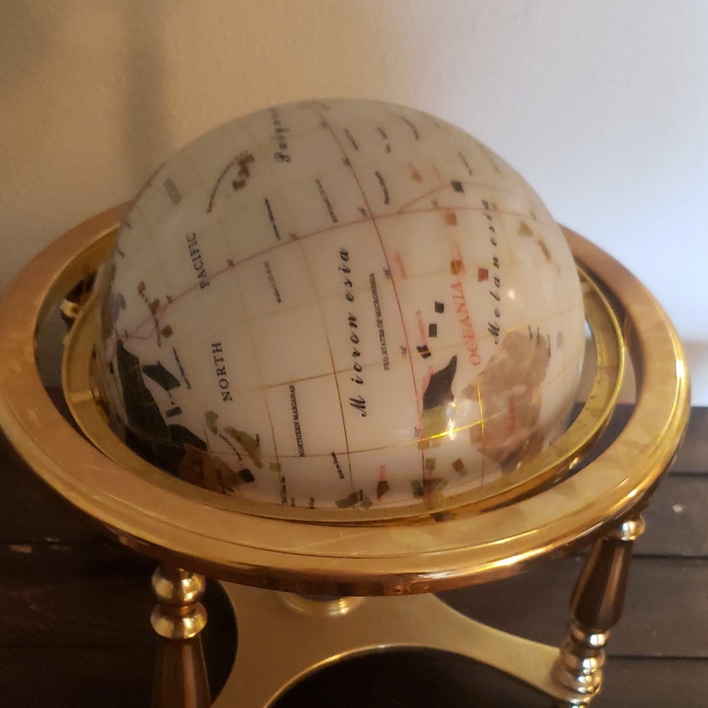 Gemstone Multicolor Tabletop Globe with Gold Metal Base, Rotating Decorative