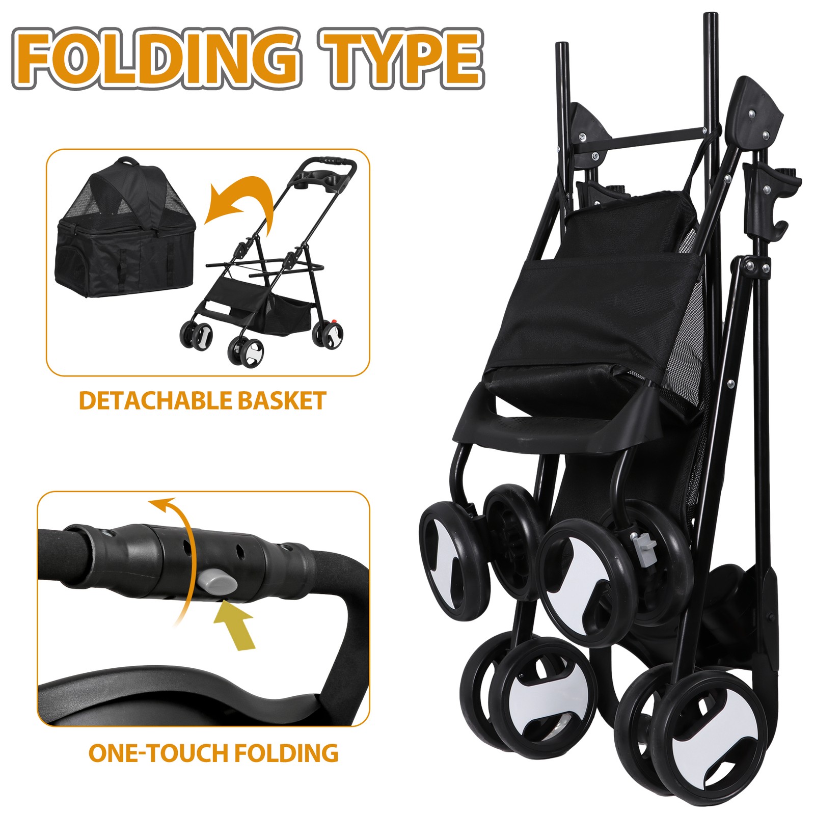 Pet Stroller Foldable Dog Cat Jogger Stroller w/4 Wheels Detachable Basket Black