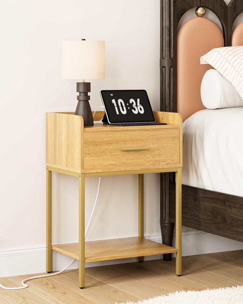 Nightstand with Charging Stat, Modern Bedside Table with Der and
