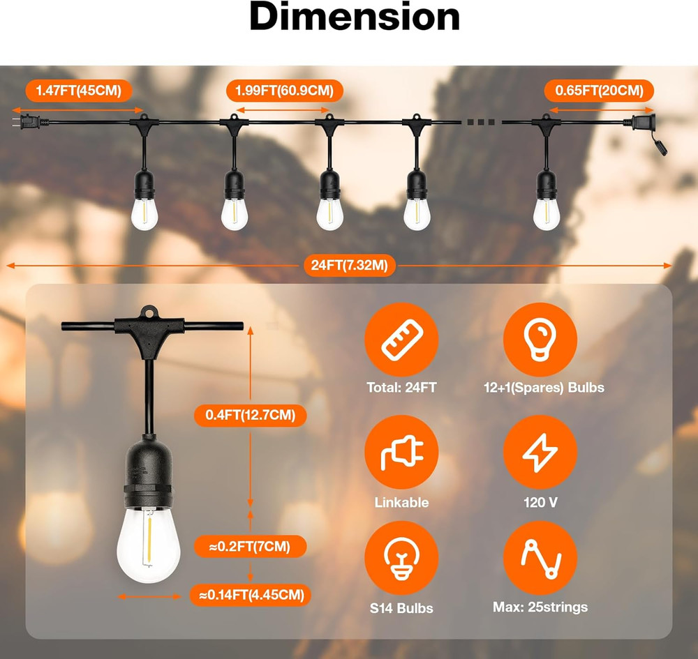 24-Ft Outdoor String Lights, Edison Shatterproof S14 Bulbs, Linkable, String Lig