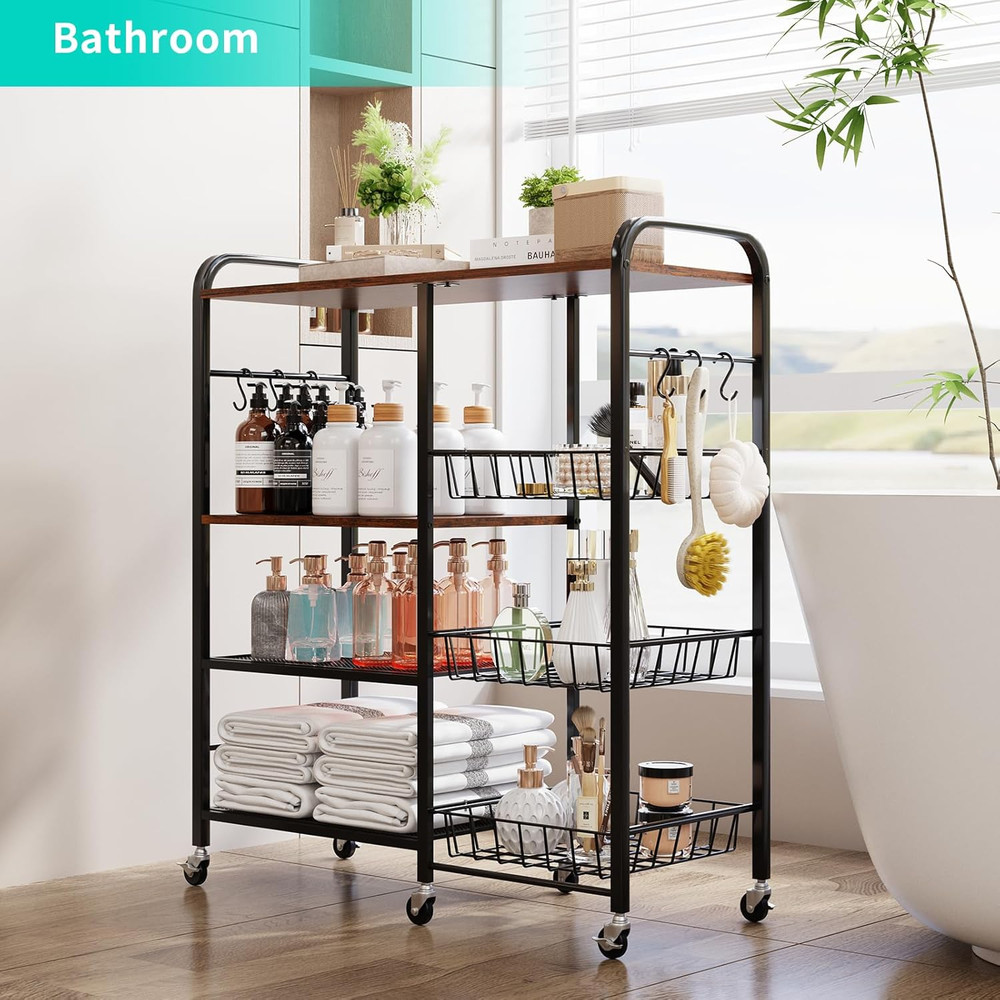 Rolling Kitchen Microwave Cart - 4 Tier Microwave Table Stand with Pull-Out Bask