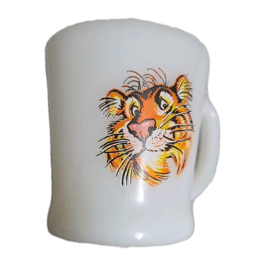 Vintage Fire King Esso Exxon Tiger Coffee Cup Mug White Milk Glass Gas Stations