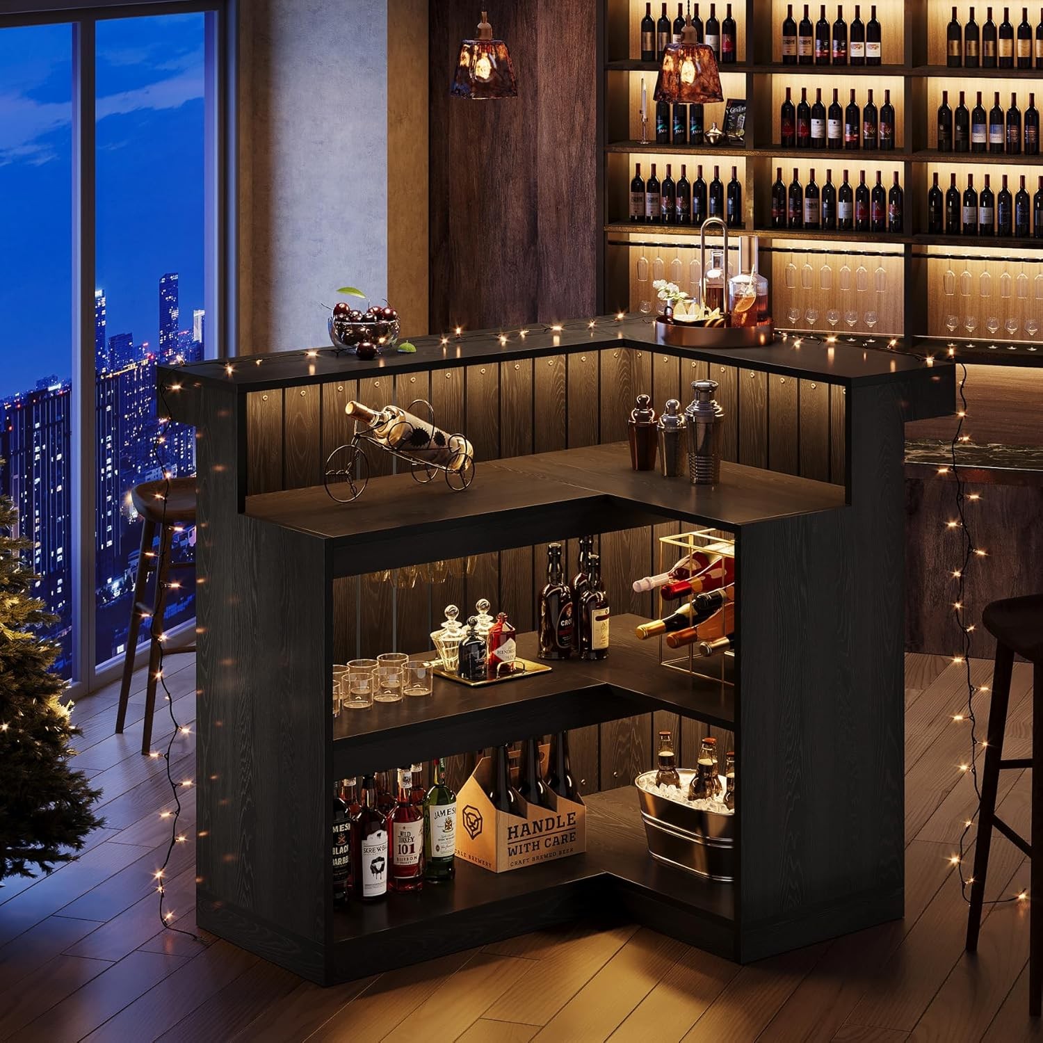 L-Shaped Home Bar Unit, 4-Tier Corner Liquor Bar Table with Storage Shelves