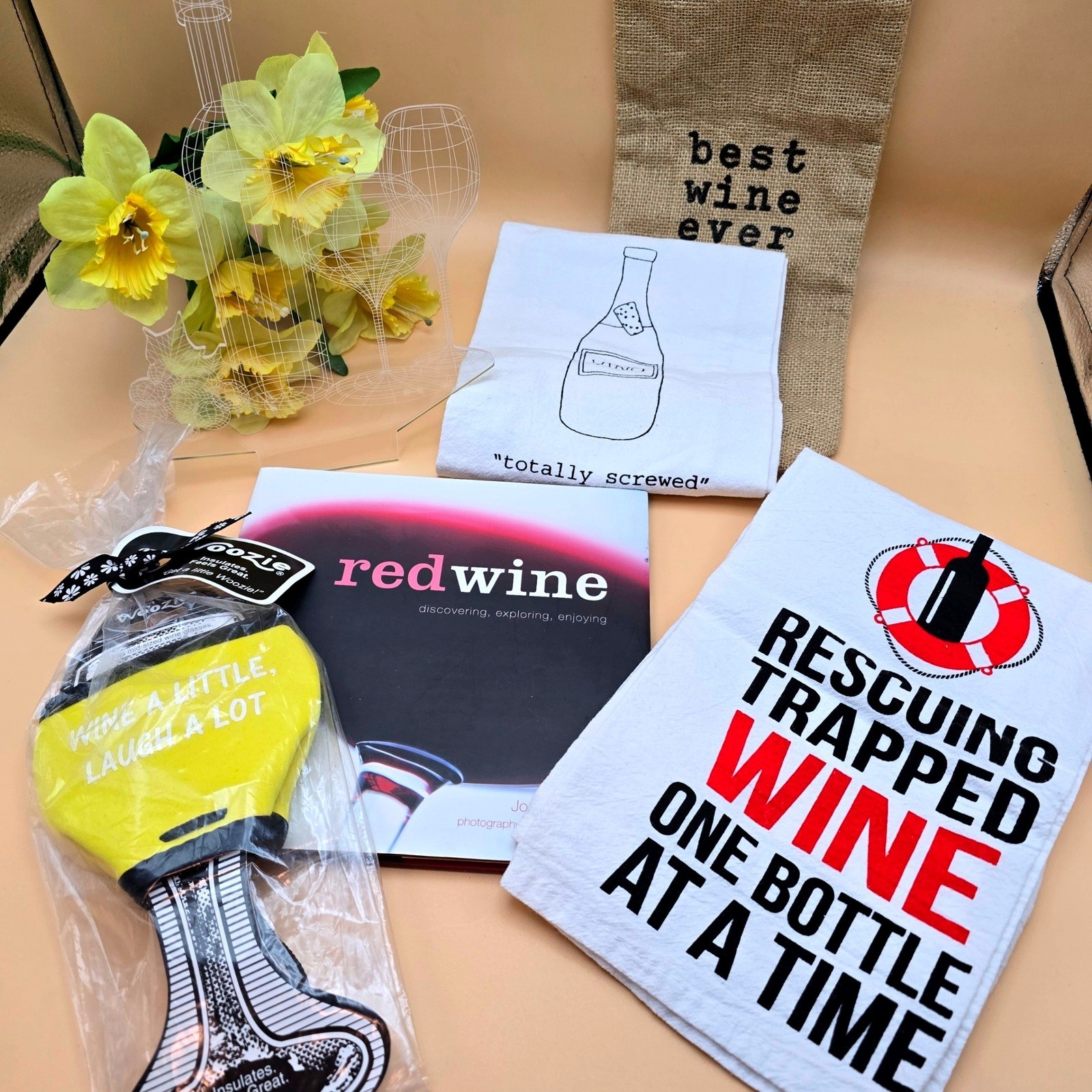 Wine Lovers Gift Set Book Towels Burlap Bag Woozie Sleeve Wine Decor 6 Pc