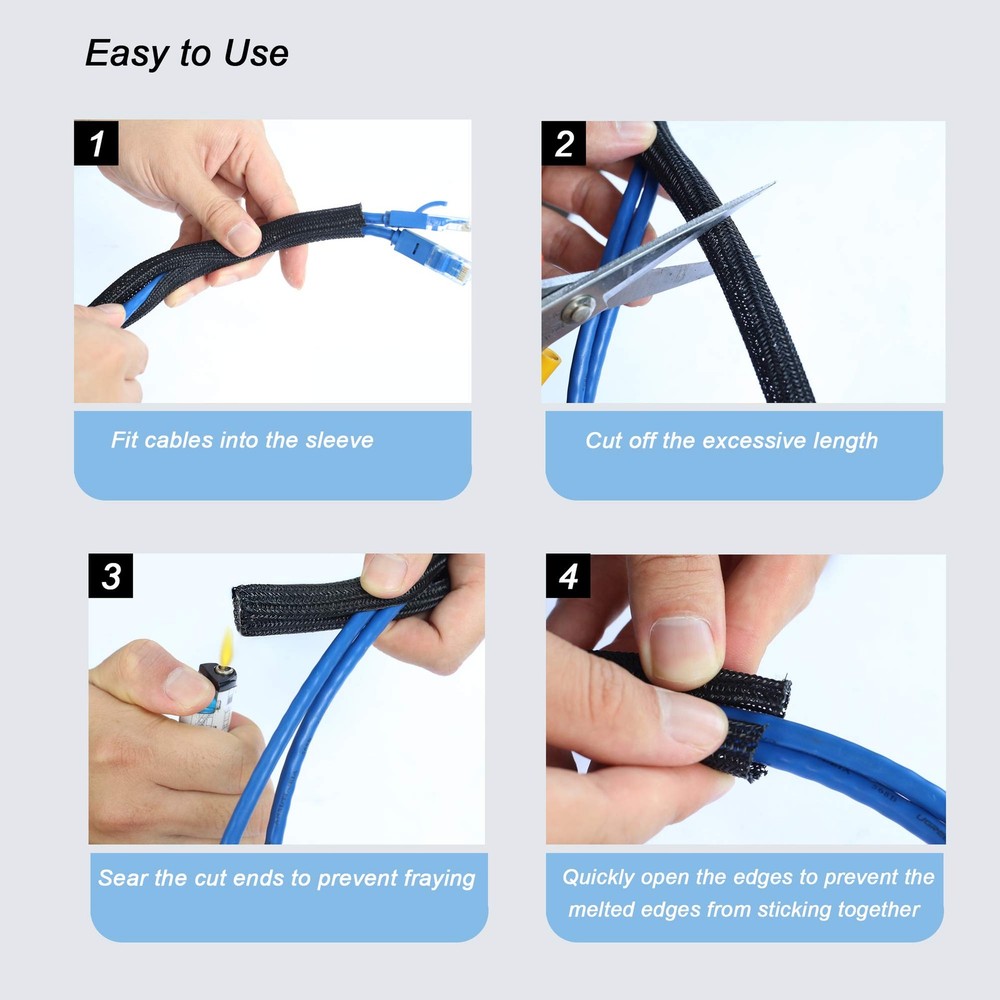 25ft 1.25in Braided Self-Wrapping Split Cable Sleeve for TV/Computer - Black