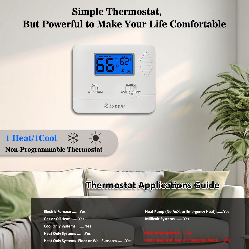 Non-Programmable Thermostat for Single-Stage Heating & Cooling, Easy Install