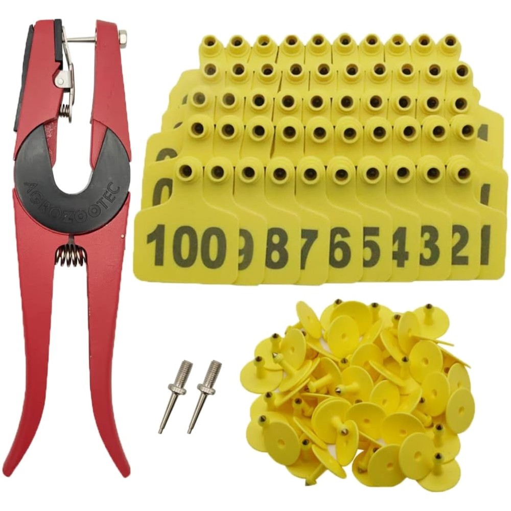 100 Yellow Cattle Ear Tags with Applicator - Numbered 001-100 for Efficiency
