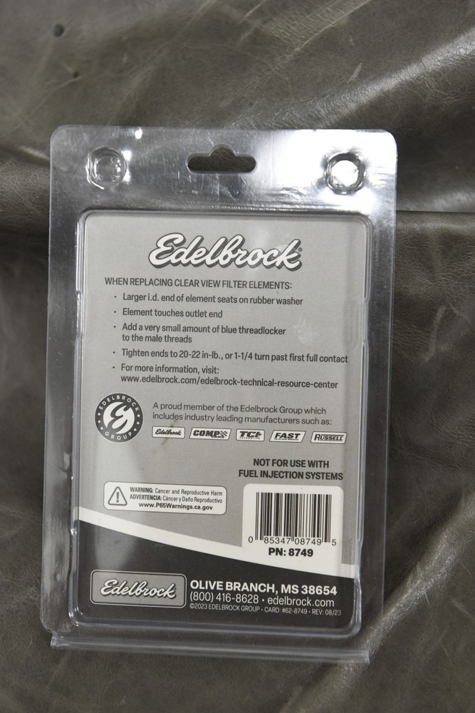 Edelbrock Clear View Fuel Filter Elements 8749 100 Micron Filter