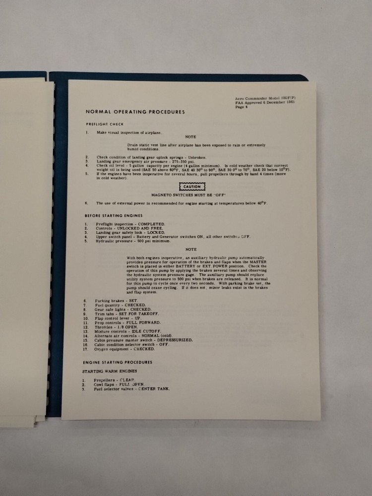 Aero Commander 1961 Model 680F Pressurized Flight Manual-Original