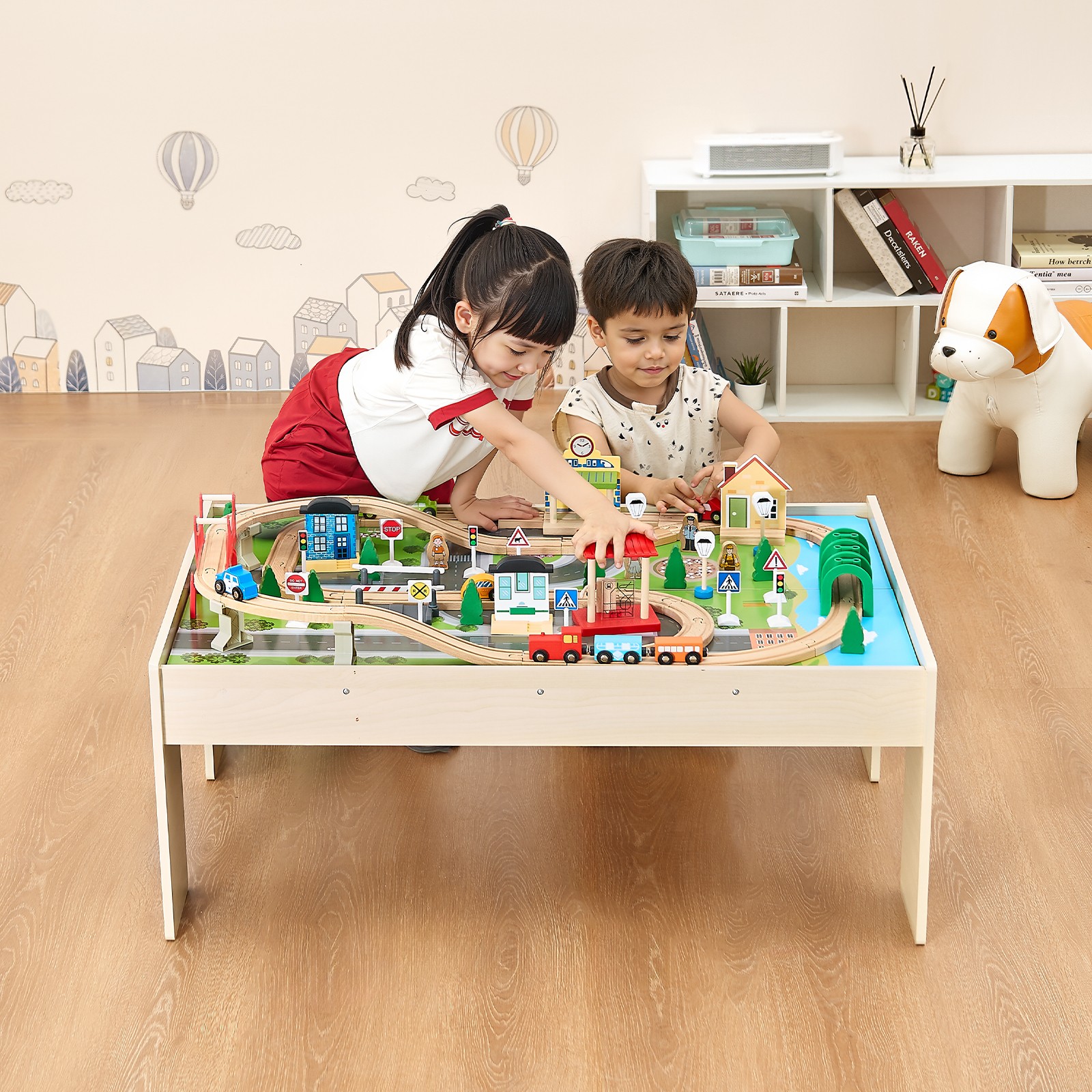 VEVOR Train Table 84Pcs Wooden Kids Activity Table with Collapsible Storage Bin